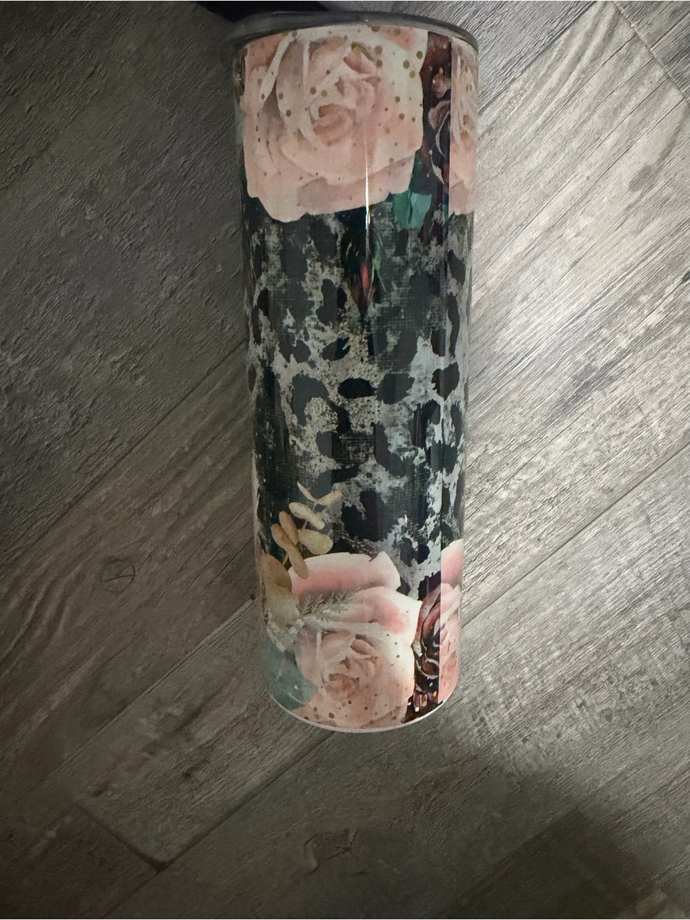 Floral Leopard Stainless Tumbler - Pink Roses on Black